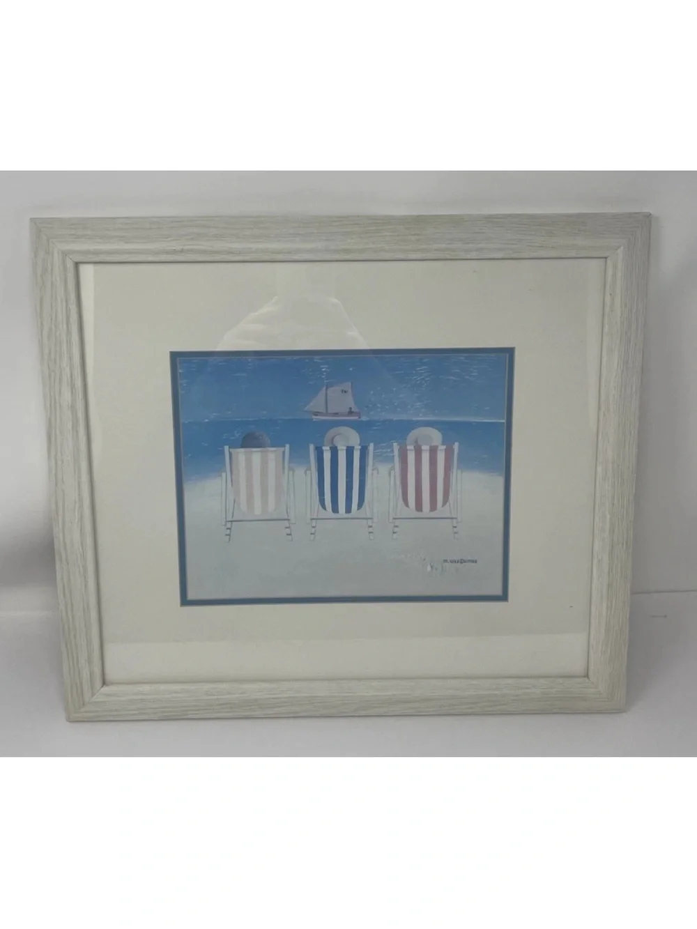 M Wiscombe Day at Beach Framed Coastal Print Beach Chairs Nautical Wall Art